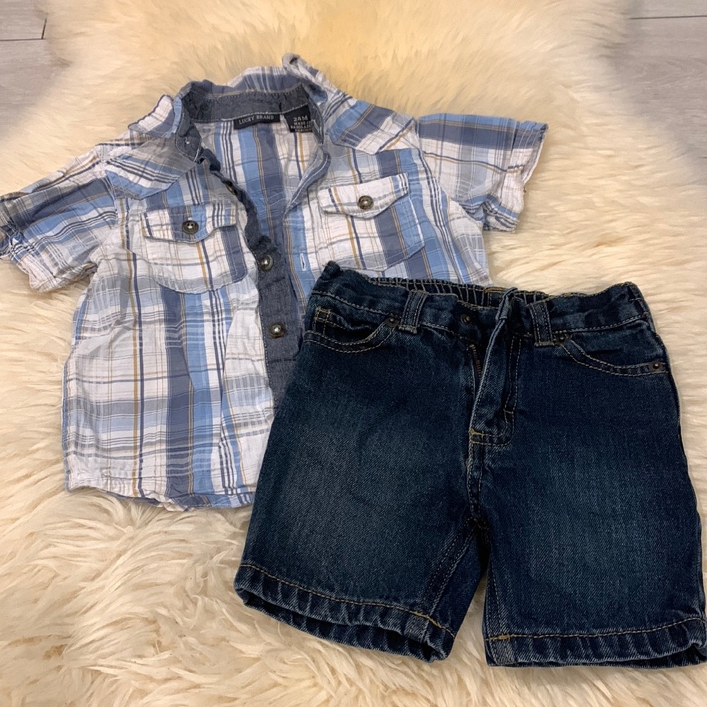 Lucky Brand Blue Jean Shorts and Blue Button Up Short Sleeves Shirt in Size 24M